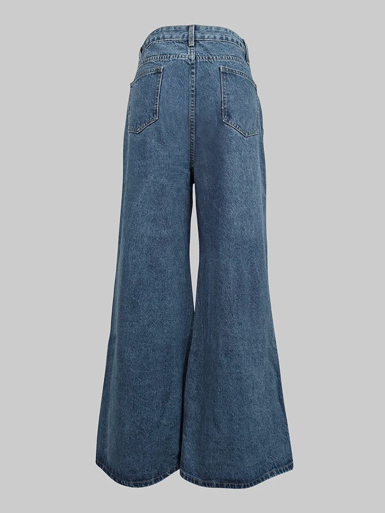 Beautyblue Fashion Women's Jeans Button Baggy Denim Jeans Pants High Waist Casual Classic Blue Wide Leg Trouser Female Y2K Punk