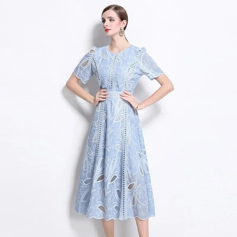 Elegant Lace Sleeve Midi Dress Women's round Neck Gored Skirt Short Sleeve Slimming Summer New Style Vintage High-End Feeling