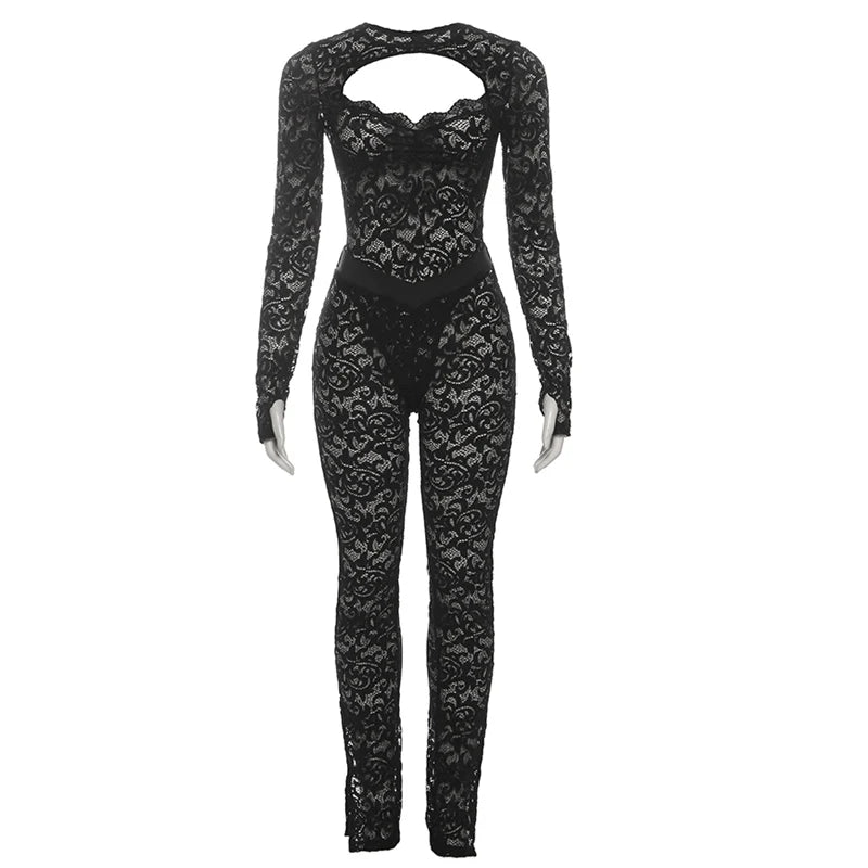 Weird Puss See Through 2 Piece Set Women Sexy Hollow Jacquard Backless Bodysuit+Leggings Tight Activity Clubwear Skinny Outfits