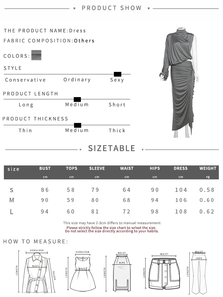 kliou Unique Irregular Women 2 Piece Set Solid Swinging Pleated Single Full Sleeve Turtleneck Tops+Matching Split Maxi Skirts