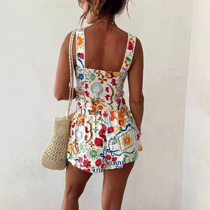 Bohemian Lace Up Shorts Beach Suit Fashion Hollow Out Backless Summer Two Piece Vacation Printed Suspenders Top Women's Outfits