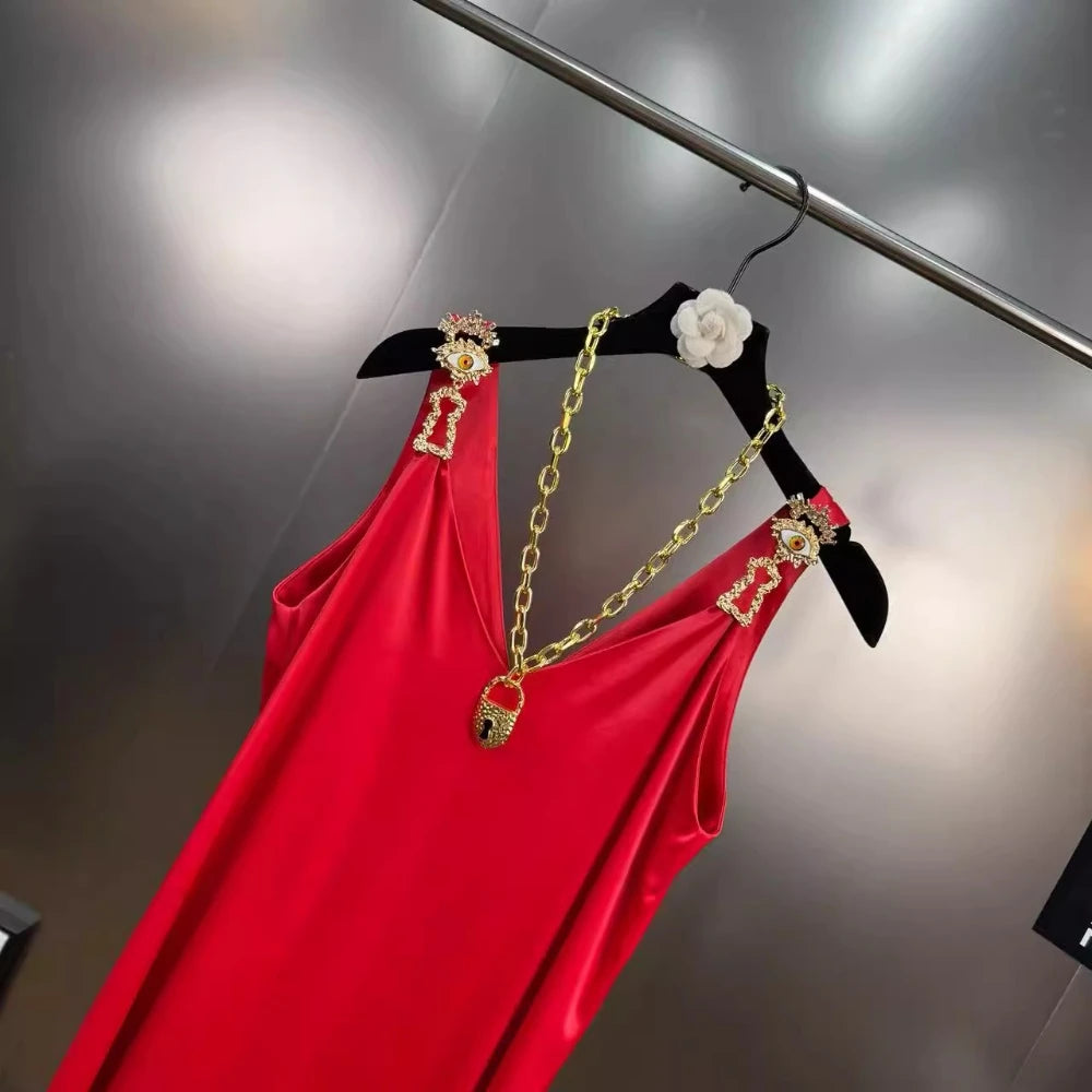 VGH Minimalist Spliced Chain Long Sundresses for Women V Neck Sleeveless High Waist Patchwork Metal Buckles Dress Female Summer