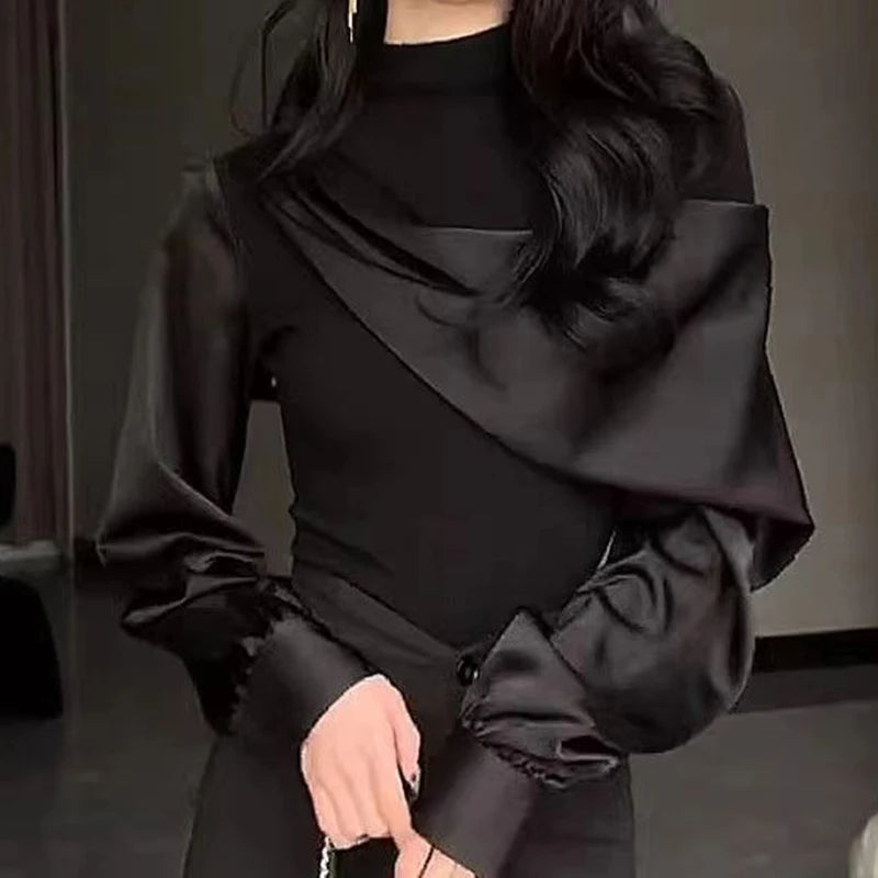 French black stitching design long-sleeved shirt women's spring and autumn new fashion luxury temperament niche Joker casual top