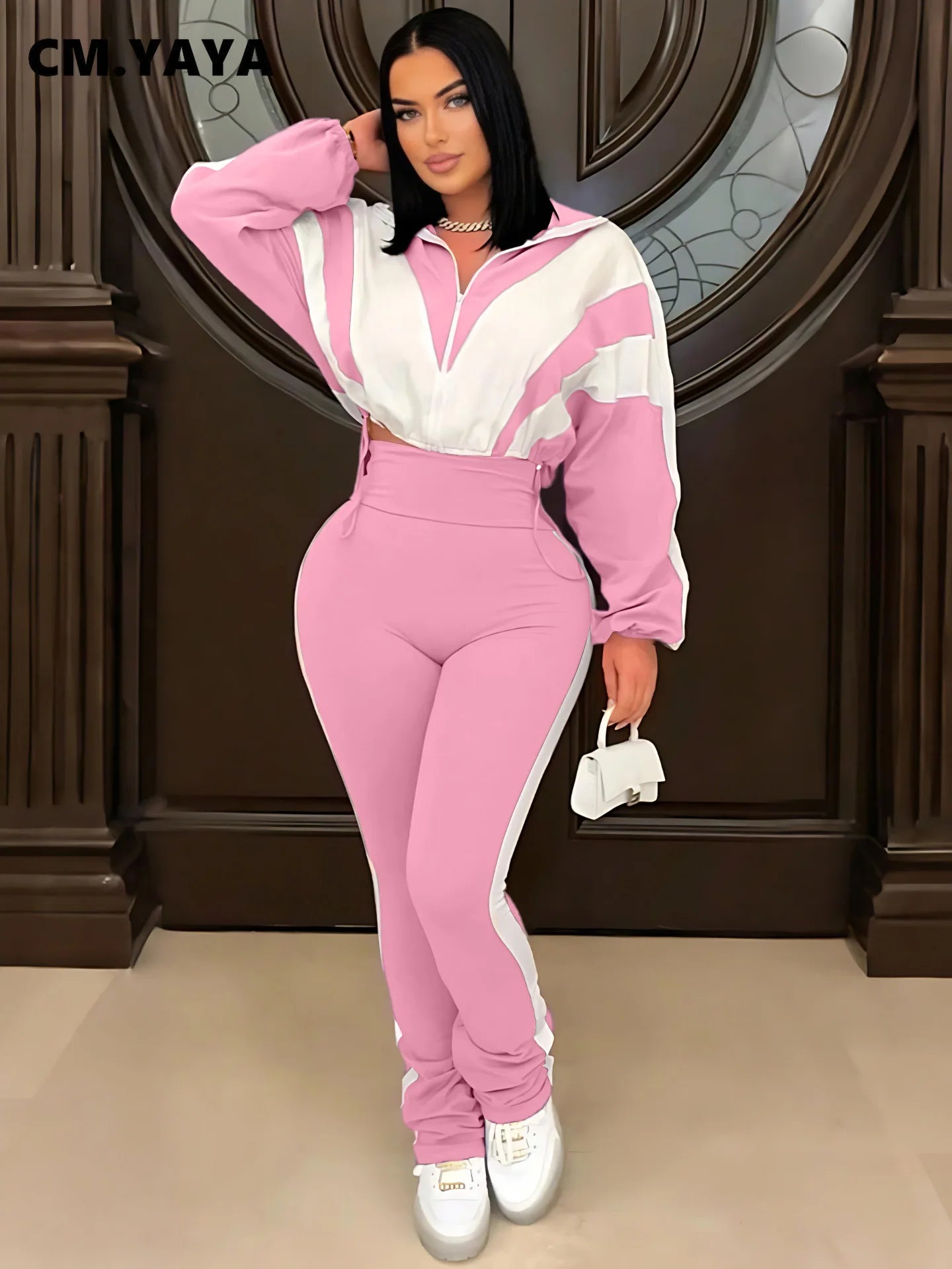 CM.YAYA Active Patchwork Women's Set Zipper Sweatshirt Jacket and Long Pants Suit 2025 Fall Two 2 Piece Sets Outfit Tracksuit