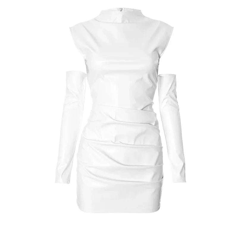 White PU Leather Bodycon Mini Dress for Women Elegant Sexy Turtleneck Sleeveless Party Dresses Spring Fashion Casual Dress 2025
