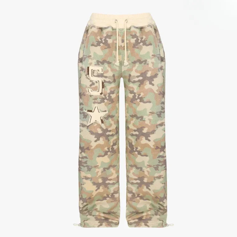 American hot girl casual pink camouflage versatile short slim zipper hooded sweatshirt loose straight sweatpants two-piece set