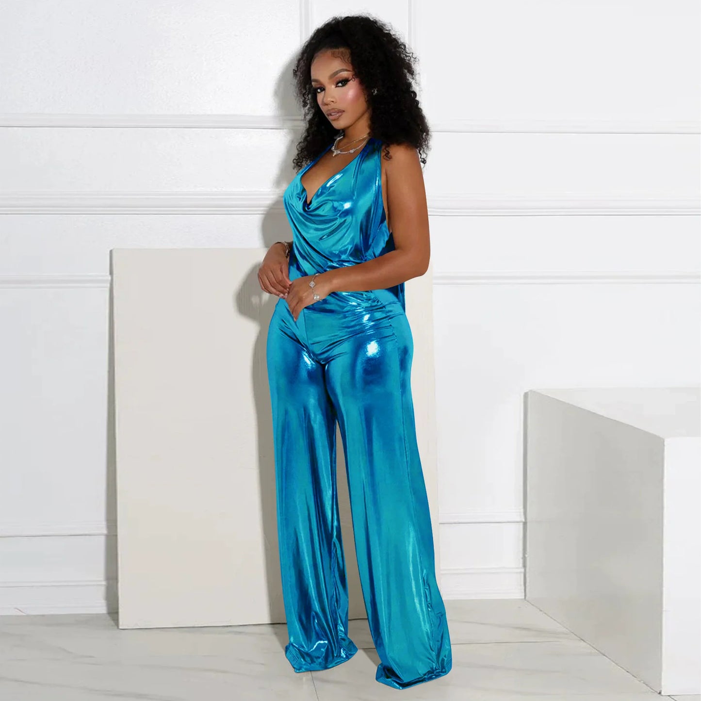 CM.YAYA Women Heaps Collar V-Neck Backless Wide Leg Straight Sleeveless Jumpsuits Spring Sexy One Piece Set Streetwear Outfits
