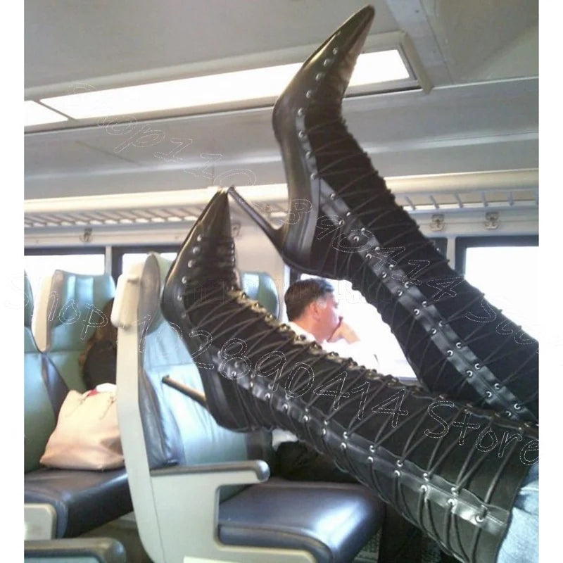 Black Patchwork Cross Tie Pointed Toe Heeled Boots for Women