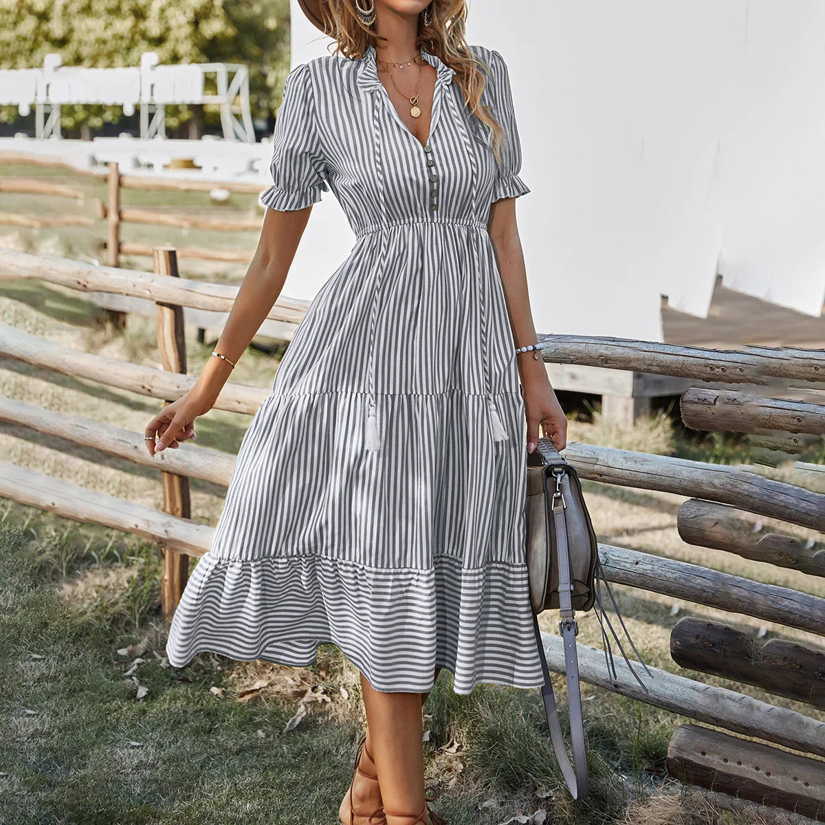 Summer Women's Striped Short Sleeve V-Neck Elastic Waist Dress