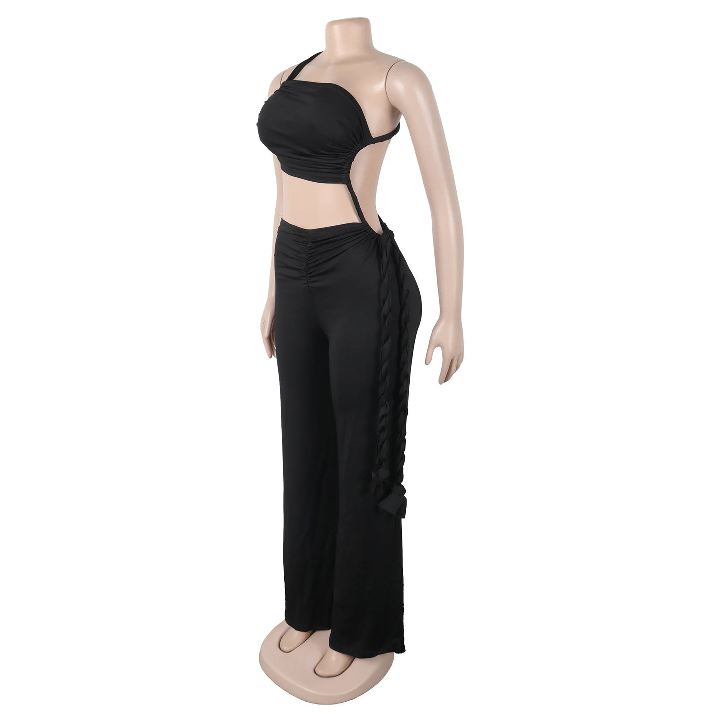 FAGADOER Sexy Ruched Patchwork Bodycon Jumpsuits For Woman Halter Sleeveless Wide-leg Romper Female Streetwear Overalls 2025 New