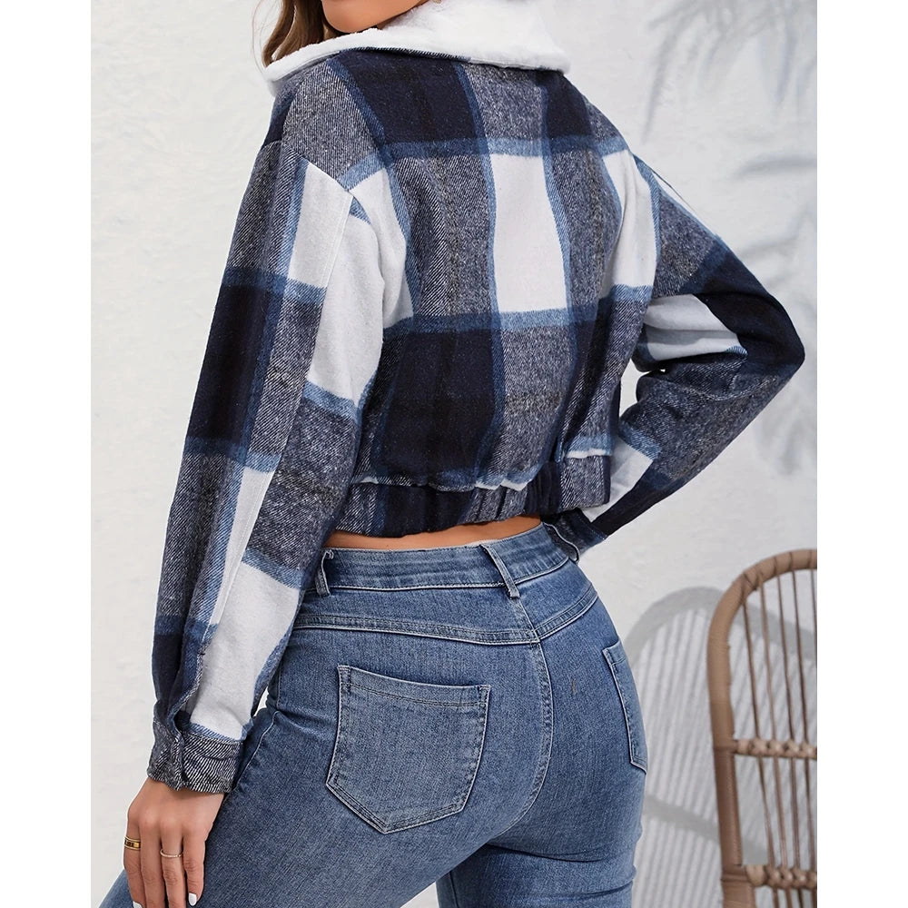 Women Fluffy Turn-down Collar Striped Print Covered Button Short Jackets Autumn Long Sleeve Coat Outfits Winter Clothing