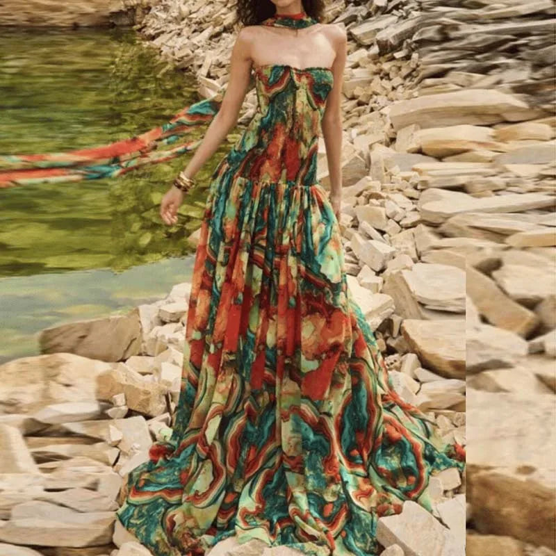 Casual Vacation Sleeveless Bohemian Dress New Summer Off Shoulder Evening Dress Pattern Printed Strapless High Waist Women Dress