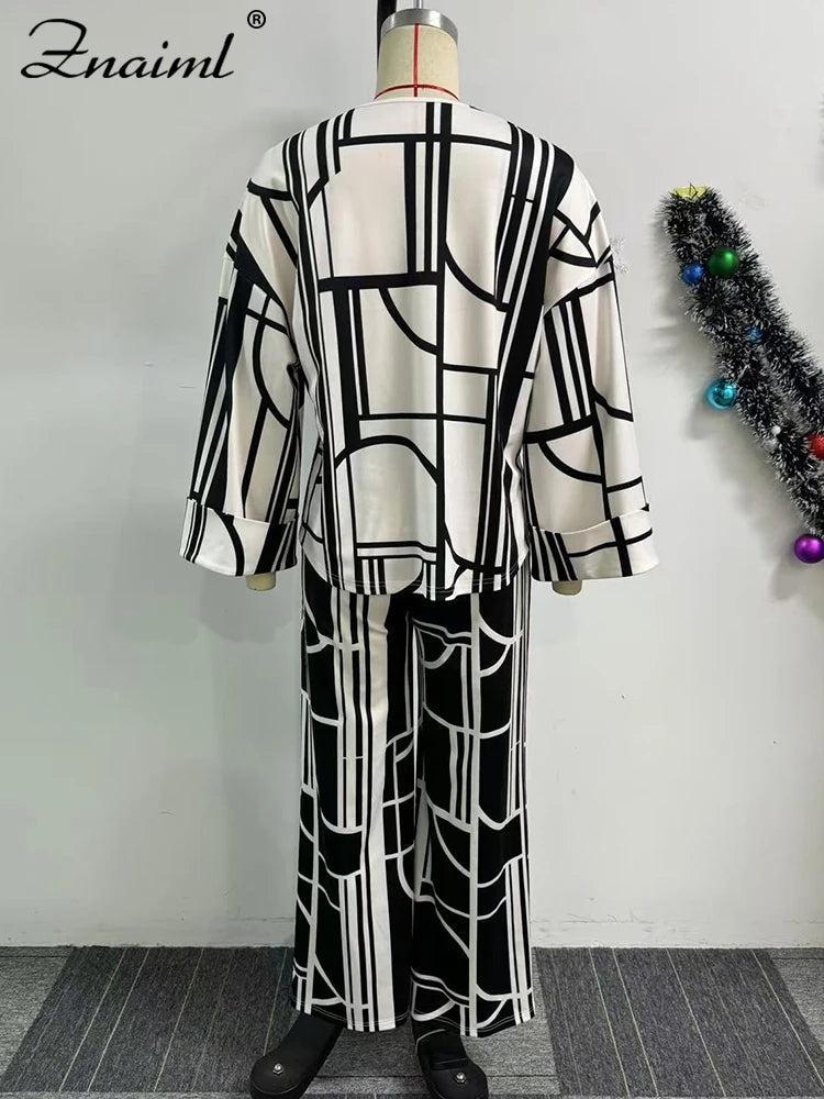 Znaiml Fashion Printing Wide Leg Pants Sets for Women O Neck Long Sleeve Loose Top and Trousers Two Pieces Streetwear Outfits