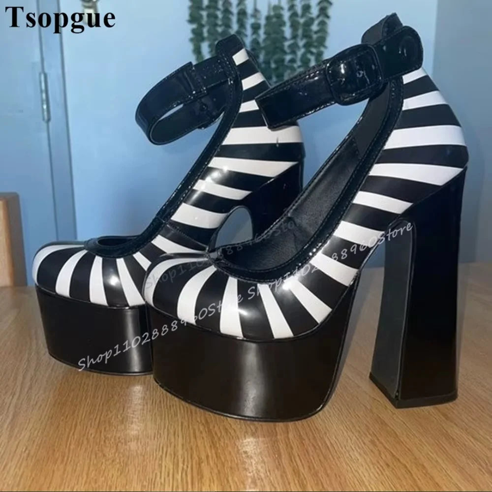Black And White Leather Zebra Print Platform Pumps Thick Heel Women Shoes Ankle Buckle Strap Round Toe Casual Party Women Pumps
