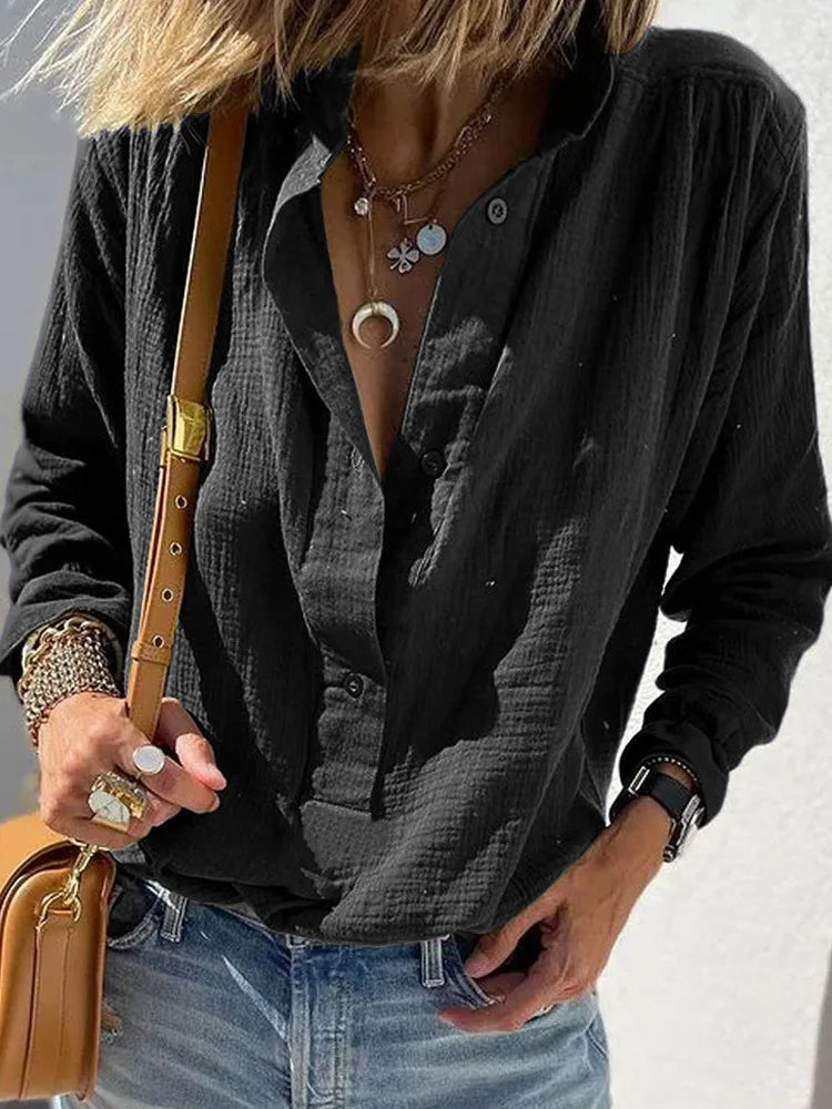 Long-sleeved cotton and linen women's shirt 2025 autumn loose single-breasted lapel casual shirt, office women's clothes