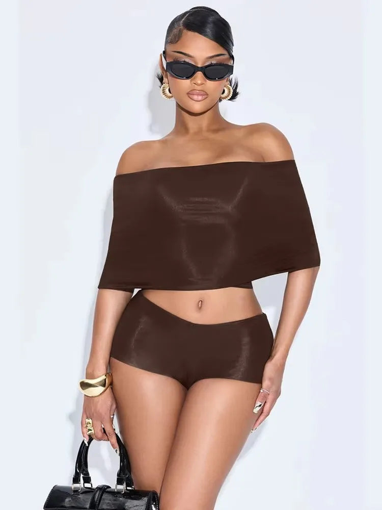 Weird Puss Summer 2 Piece Set Women Simple Trend Slash Neck Mid Sleeve Crop Tops+Shorts+Foot Cover Matching Streetwear Outfits