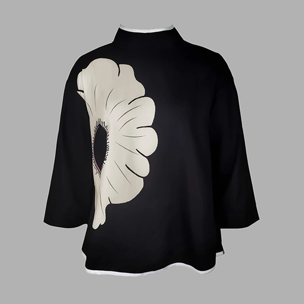 Gymystars Women's Flower Printed Clothes T-Shirts 2025 Mock Neck T-Shirts Summer Black Casual Autumn y2k Tops For Women 2XL