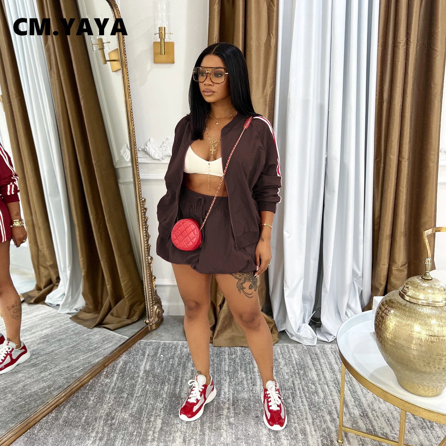 CM.YAYA Women Mini Skirts Set +Full Sleeve Striped Sweatshirt Two 2 Piece Set Outfits Fall Casual Street Night Club Cute Outfits