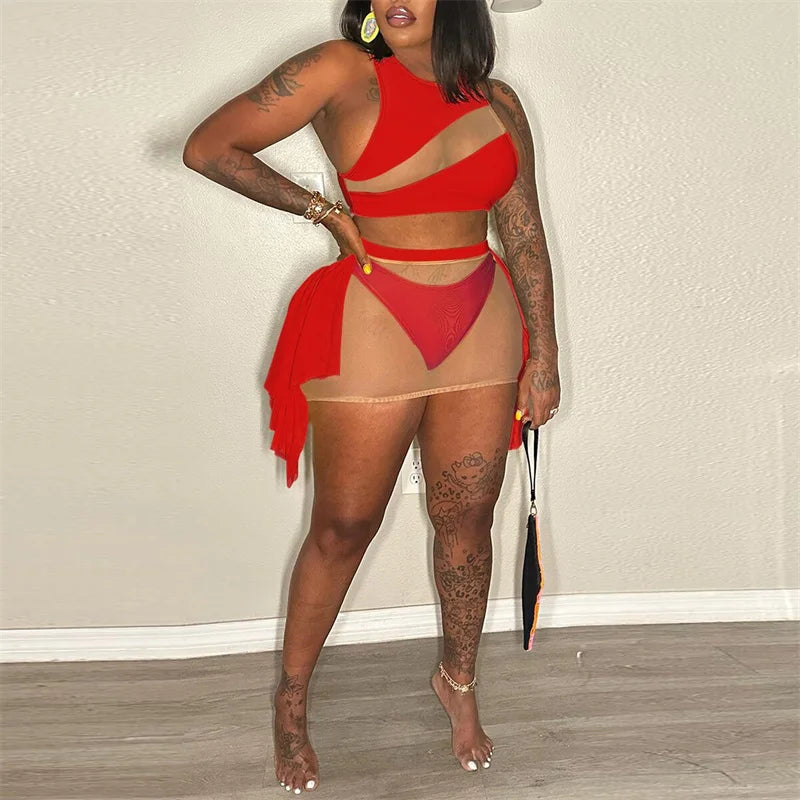 Sexy Mesh See-through Patchwork 2 Piece Sets Women Outfit Festival Clothing Tank Crop Top and Mini Skirt Set Night Club Outfits