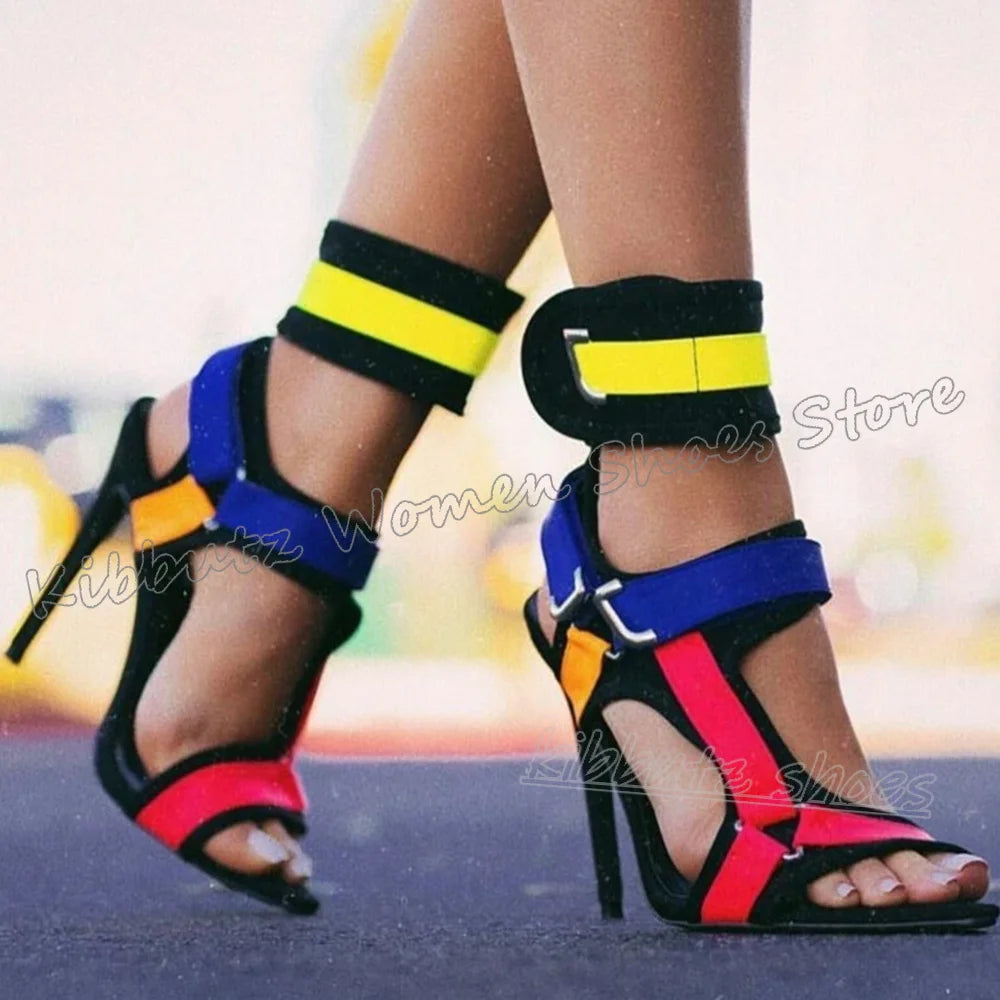 Hook&loop Patchwork Sandals Buckle Strap Pointy Thin Heels Fashion Luxury Elegant Comfortable Novelty Women Shoes Newest Leather