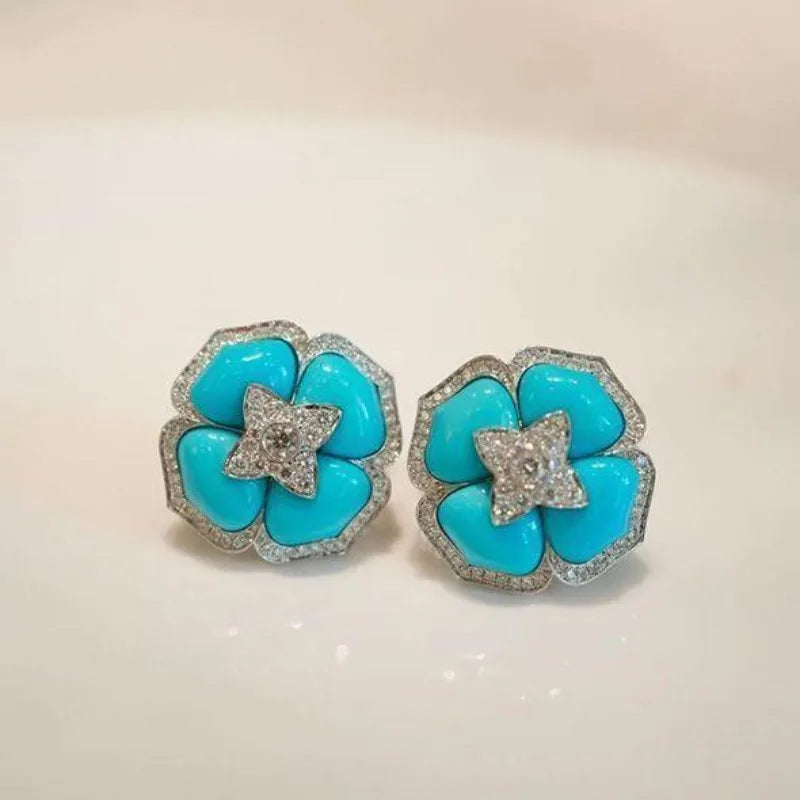 Luxury and fashionable turquoise earings stud with silver inlaid blue flower earrings for women classic wedding jewelry gift