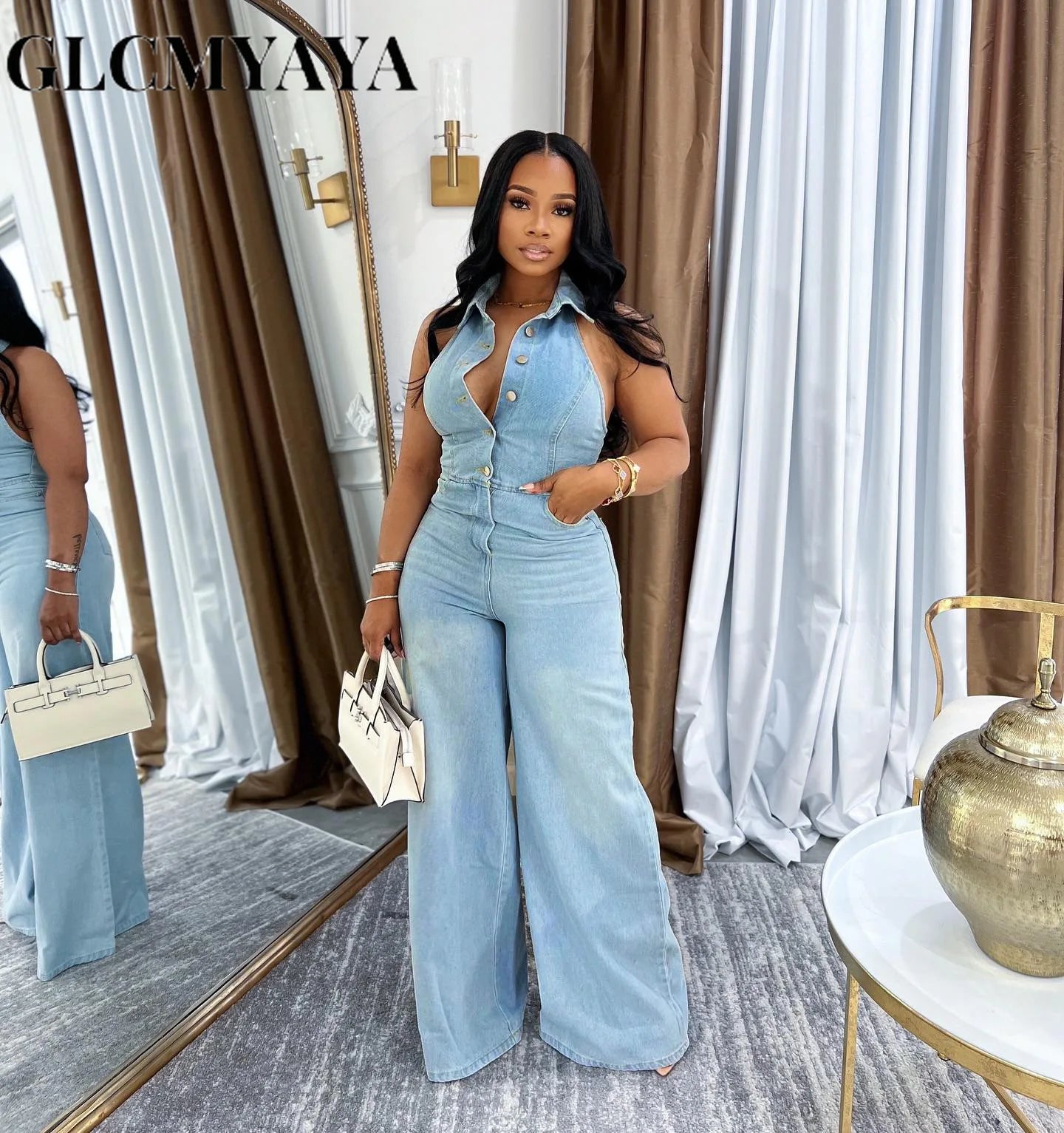 CM.YAYA Women Denim Sleeveless Single Breasted Wide Leg Jeans Jumpsuit Halter Neck Backless 2025 Summer One Piece Suit Playsuits
