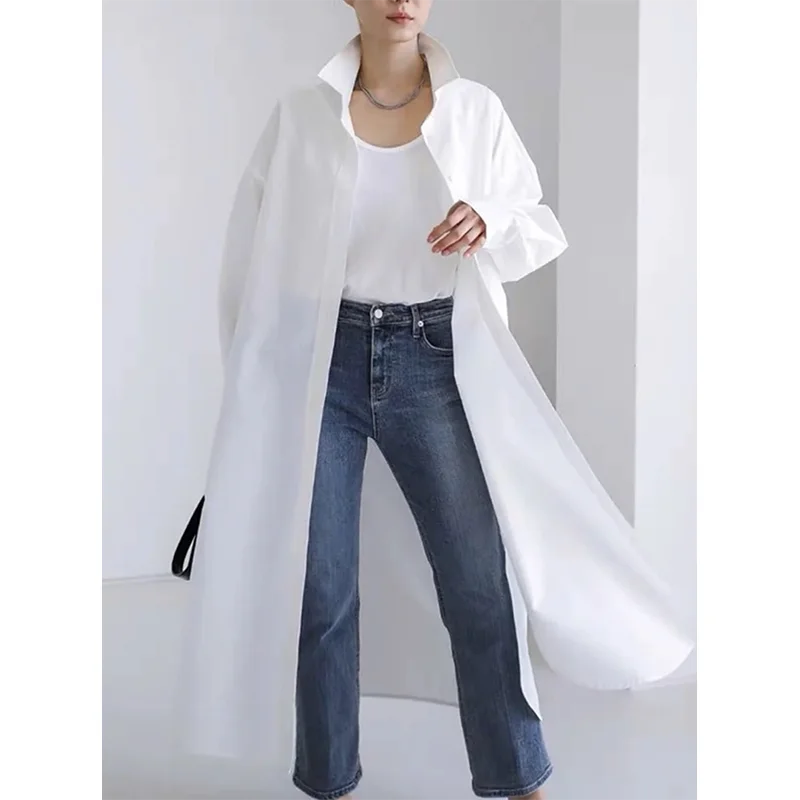 Women's Shirts Dress 2024 New Spring Summer Fashion Long Sleeve Loose Buttoned Solid Color Split-Side Lapel Casual Blouse