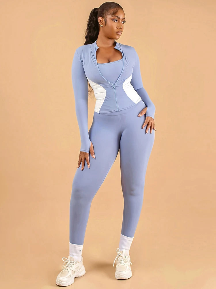 Weird Puss Contrast Patchwork 2 Piece Set Women Tracksuit Sporty Zip Full Sleeve Jacket+Skinny Leggings Daily Casual Streetwear