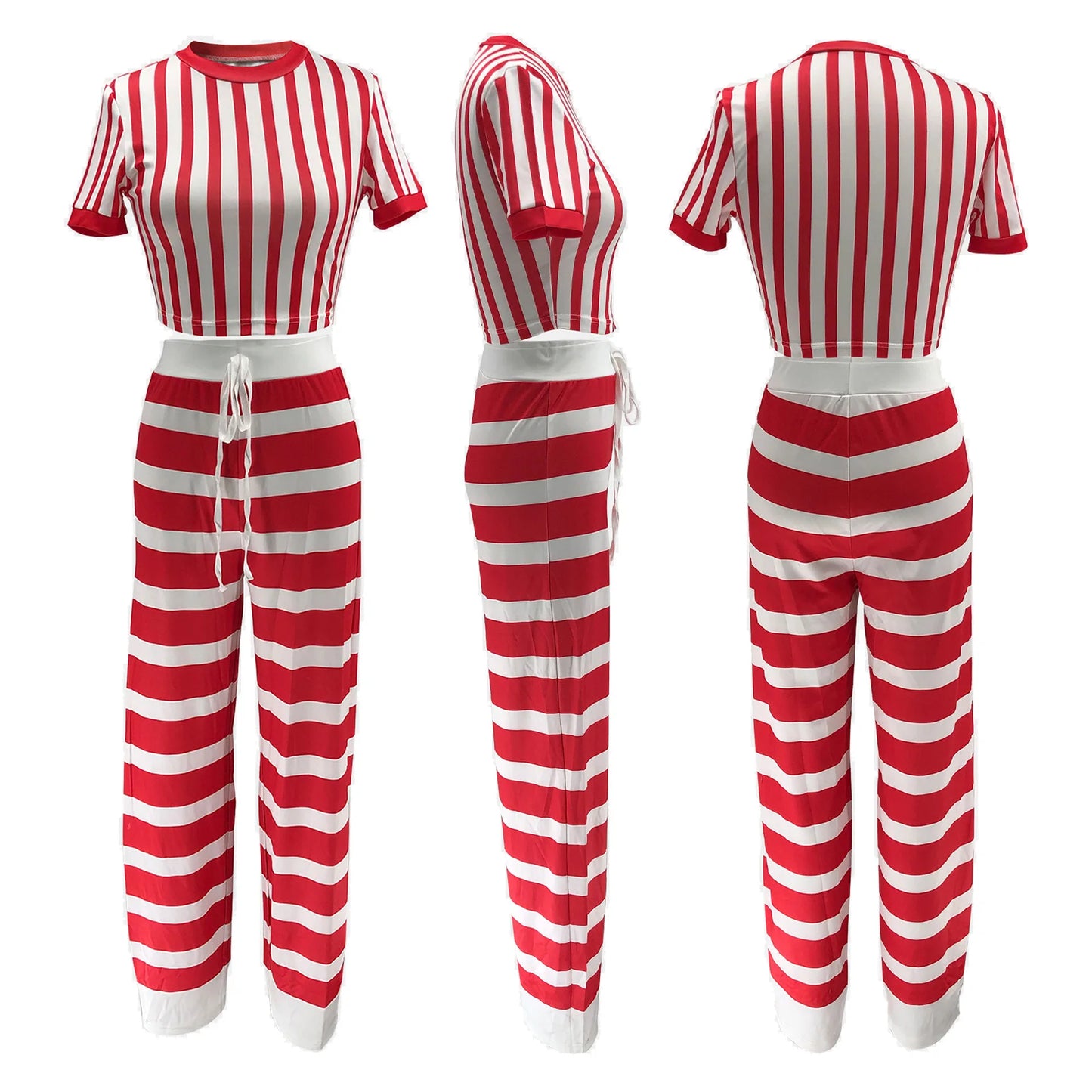 CM.YAYA Women's Set Short Sleeve Striped T-shirt + Wide Leg Pants Active Fitness Streetwear Two 2 Piece Sets Outfits Tracksuit