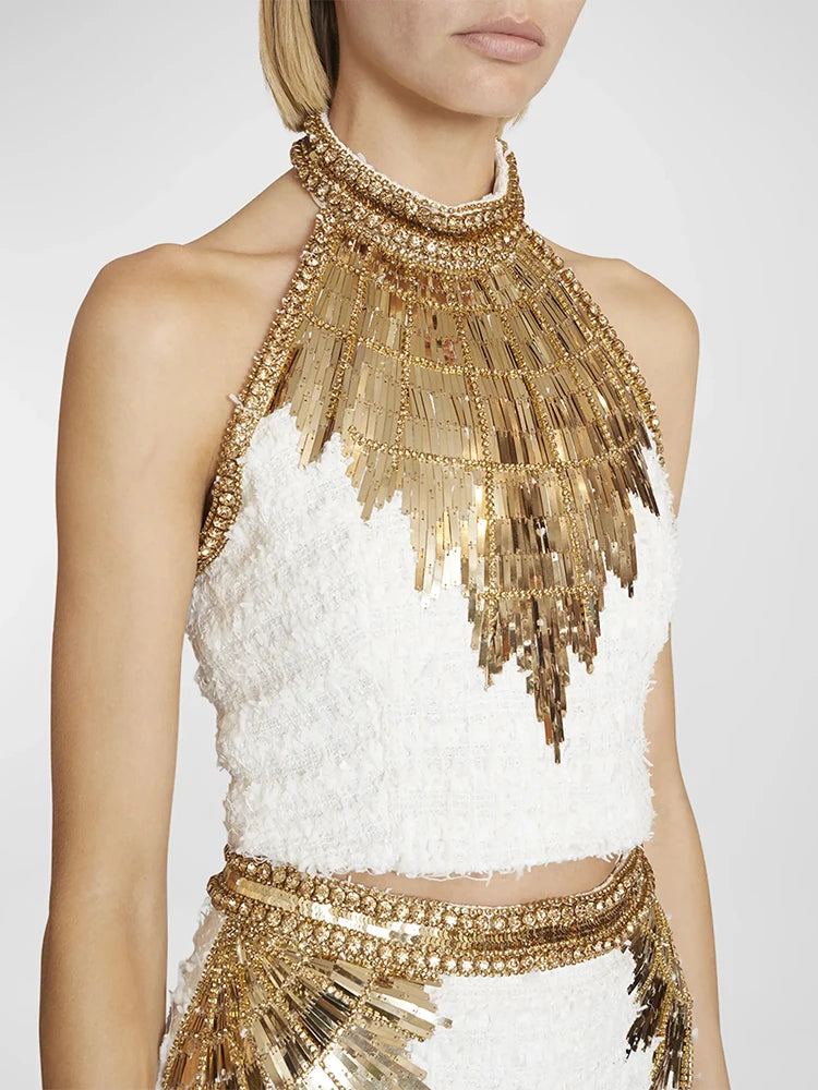 HIGH STREET Newest Fashion 2024 Designer Tops Women's Stunning Metallic Diamonds Beaded Halter Neck Tweed Camis Tank Tops