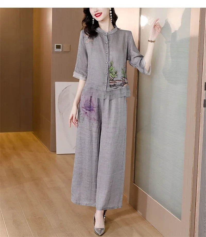 Grey Summer Art Embroidery Chinese Style Set Linen Western Style Summer Wide Leg Pants Casual Fashion Two piece Cotton Set XXXL