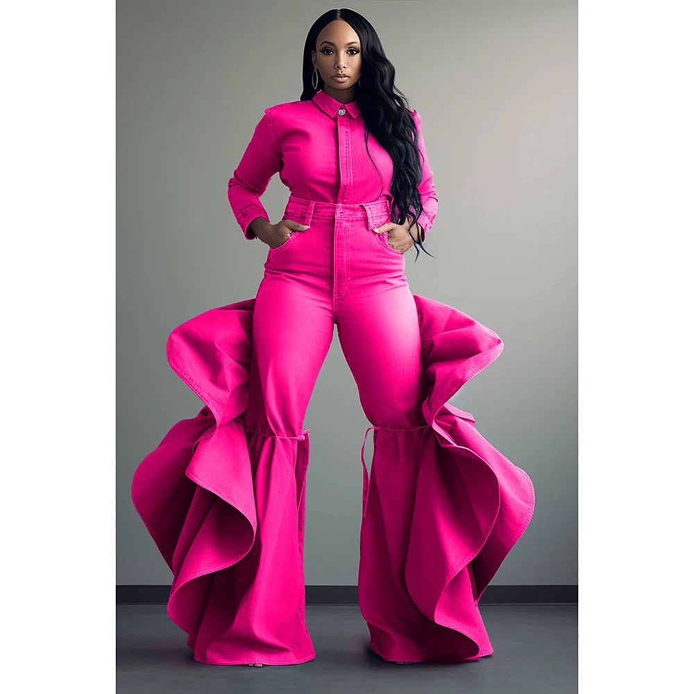Plus Size Women's New Daily Casual Blue Pink Spring and Autumn Solid Color Casual Button Long Sleeve Denim Blouse
