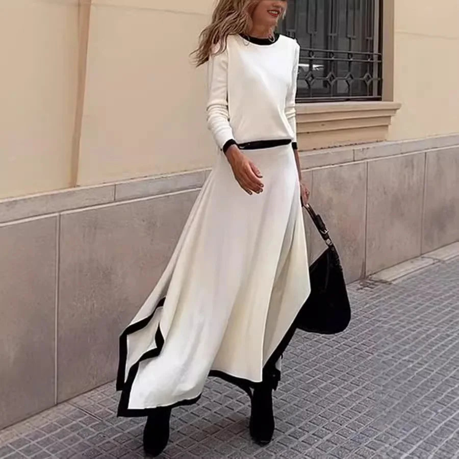 Women Casual Long Sleeve 2Pc Set Fashion Color Blocked Loose 2Pc Outfits Elegant O-neck Pullover Top & lrregular Long Skirt Suit