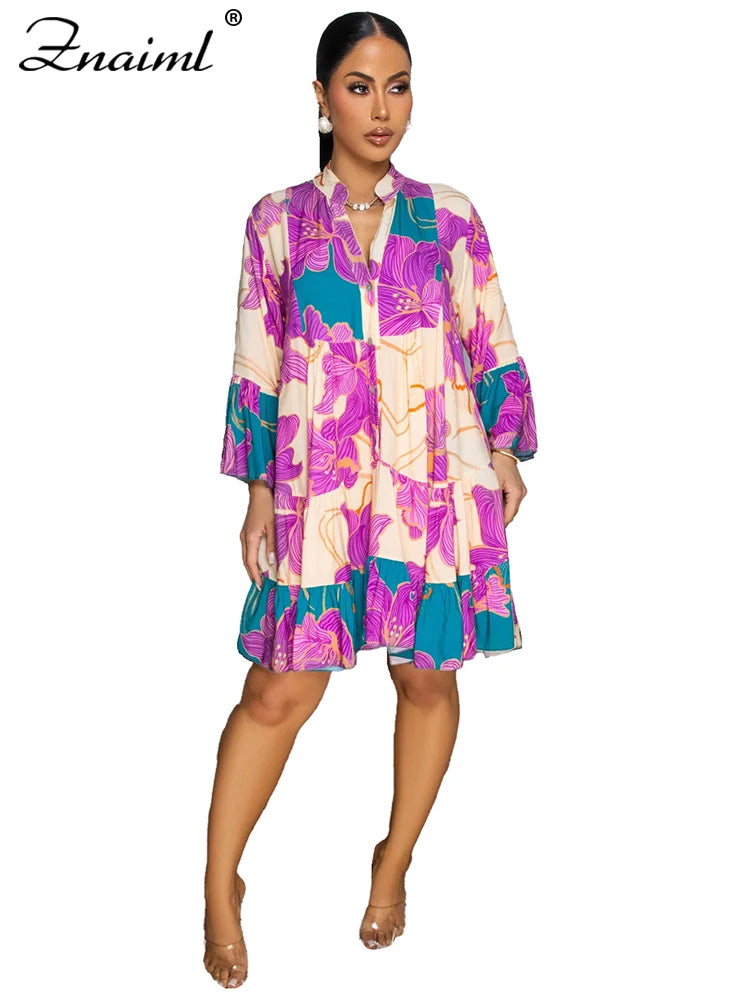 Znaiml Casual Long Sleeve Beach Short Dress for Women Boho Summer A-Line Floral Print Sundresses Y2k T-Shirt Mini Dresses 2025