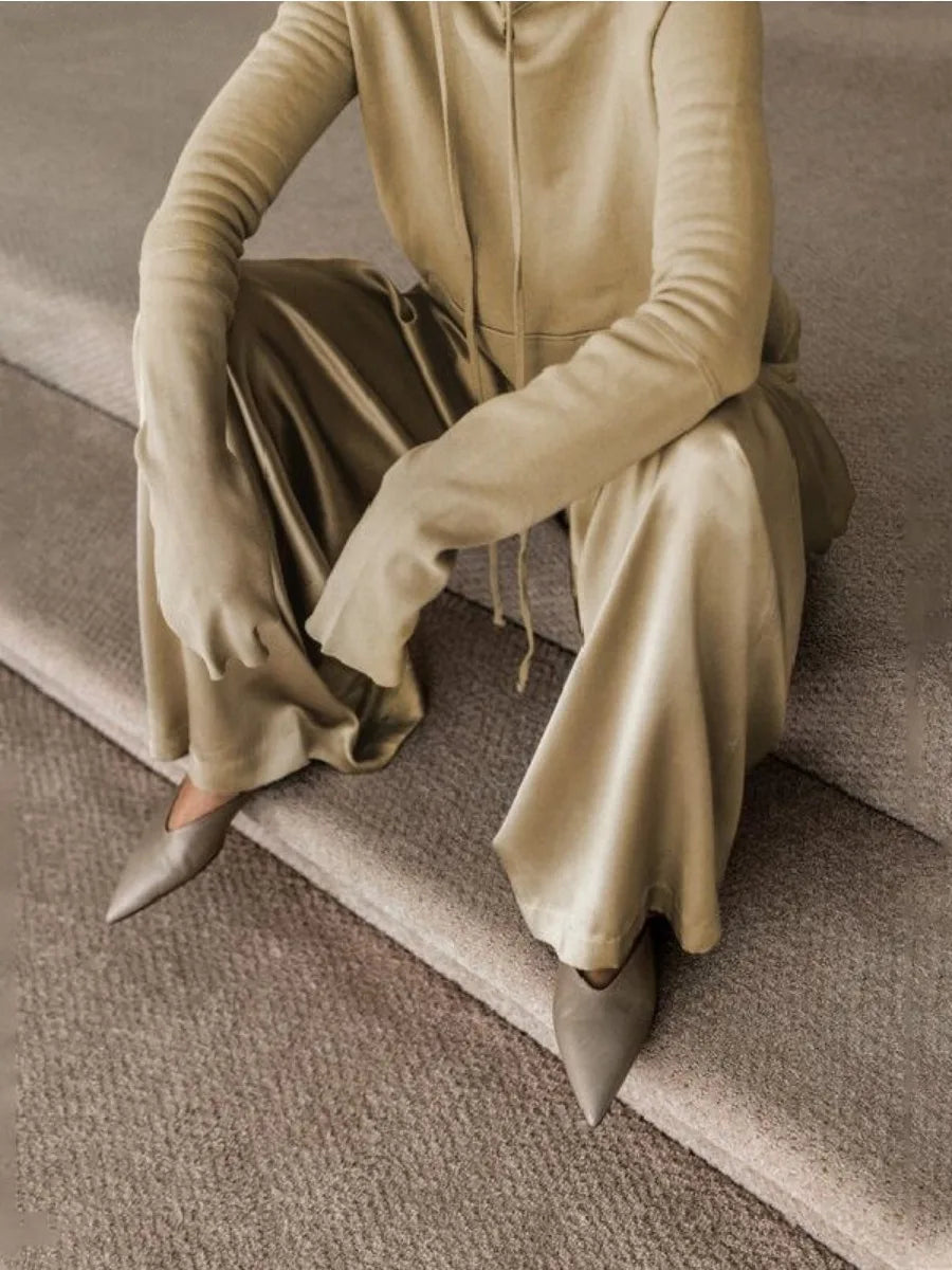 2025 Autumn Fashion Suit for Women Drawstring Hooded Sweatshirt and High Waist Wide Leg Pants Casual Pant Sets