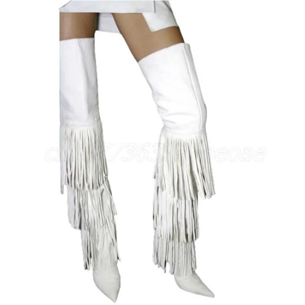 White Thigh High Trouser Boots Tassels Decor Patent Leather Shoes for Women Thin High Heels Sexy Shoes 2025 Zapatos Para Mujere