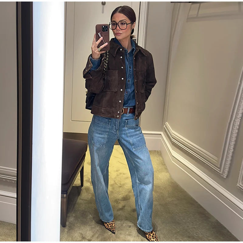 Big Pockets Suede Short Women's Jackets Vintage Lapel Single Breasted Full Sleeve Jacket Lady 2025 Spring Fashion Streetwears