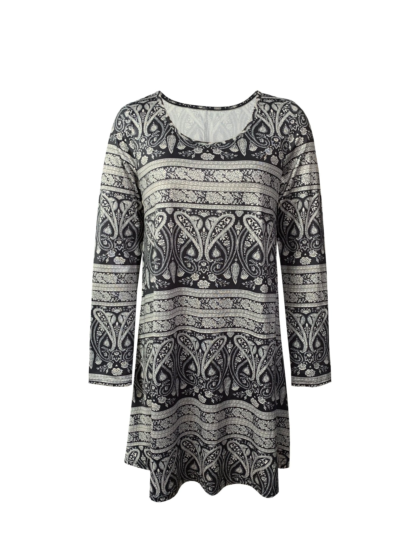 Women's Full Body Allover Print Long Sleeve Dress For Spring,Fashion Round Neck Mini Dress