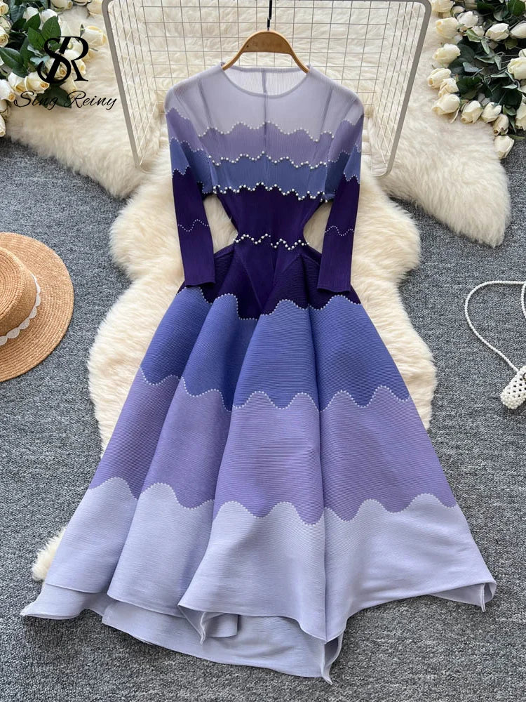 Wave Print Long Sleeve Ankle Length Evening Dress for Women