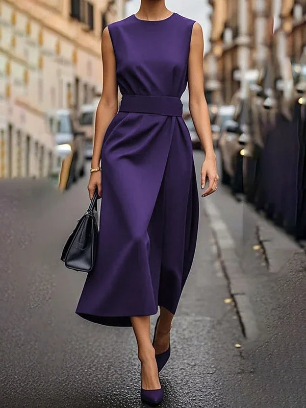UOOZEE Women's Solid Color High Waisted Pleated Dress 2025 New Summer Sleeveless Urban Elegant A-line Party Evening Midi Dresses