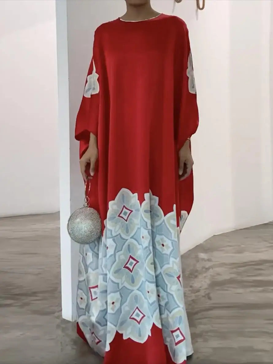 2025 New Spring Printed Evening Party Dresses Vintage Elegant Long Sleeves Loose Round-Neck Muslim Robe For Women