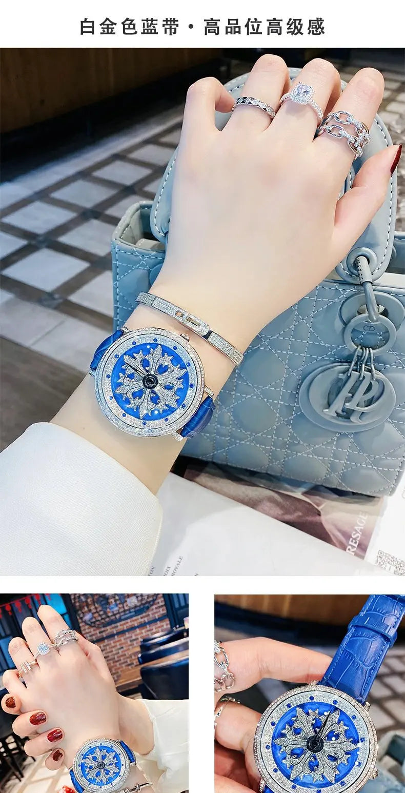 Luxury Davena Spin Snow Flower Women's Watch Japan Mov't Crystal Lady Hours Fine Fashion Real Leather Bracelet Girl's Gift Box