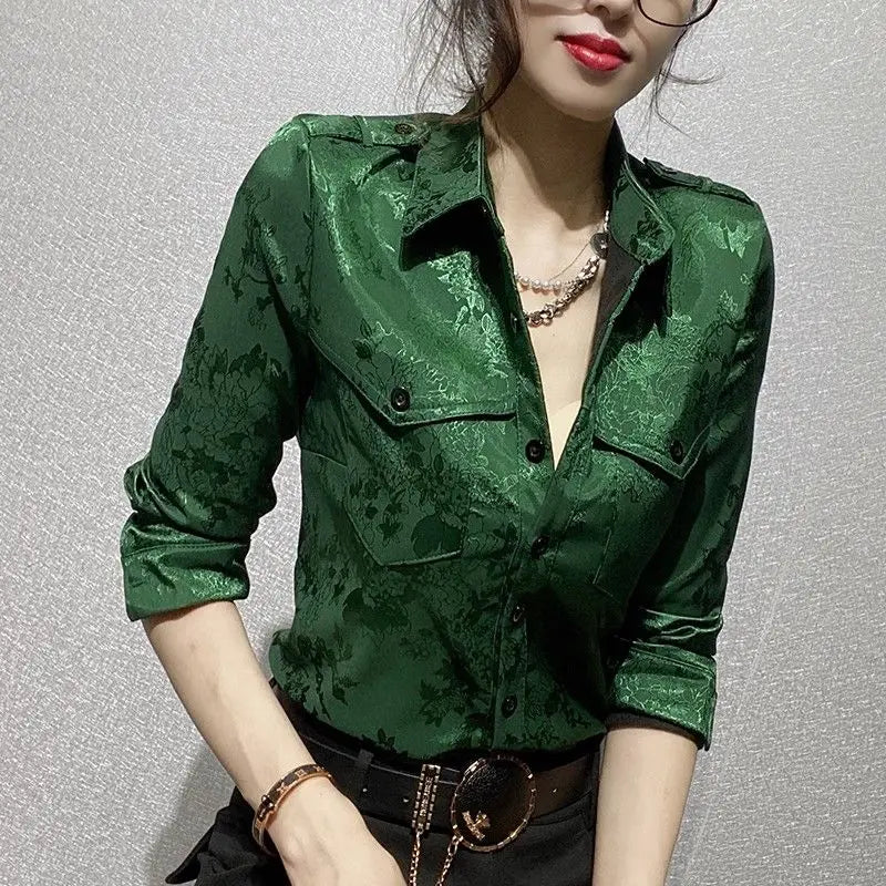 Female Tops Spring and Autumn Full Long Sleeve Women's Shirt Blouse Office Outfits Wear To Work Button Up Formal Loose Green Xl