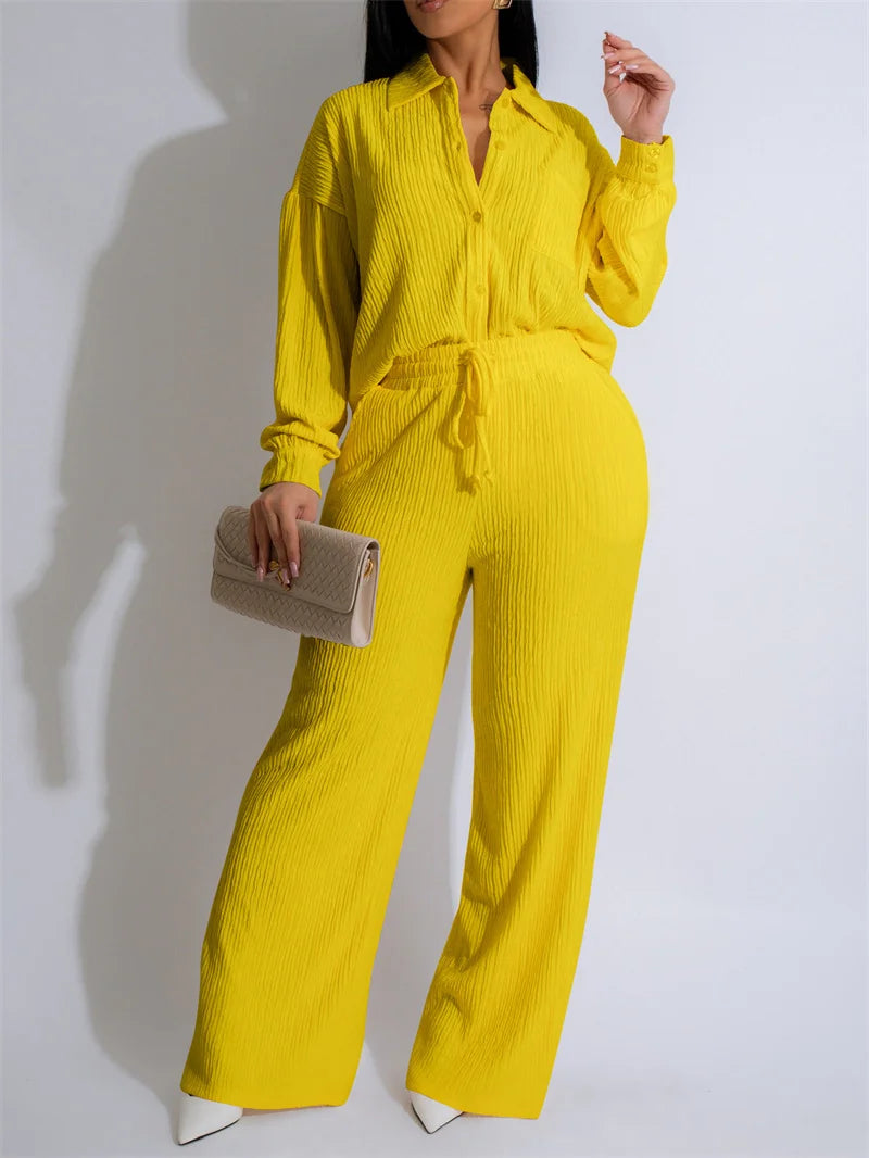 Doyerl Solid Casual Loungewear Sets Woman Two Piece Outfit Loose Fit Long Sleeve Shirt Top and Wide Leg Pants Matching Sets
