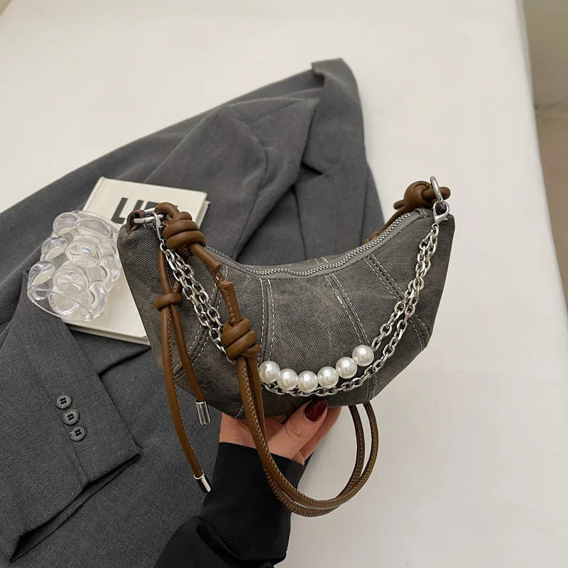 Retro Denim Dumpling Bag Creative Horn Design Pearl Pendant Messenger Bag Brand High-grade Leather Ladies Versatile Shoulder Bag