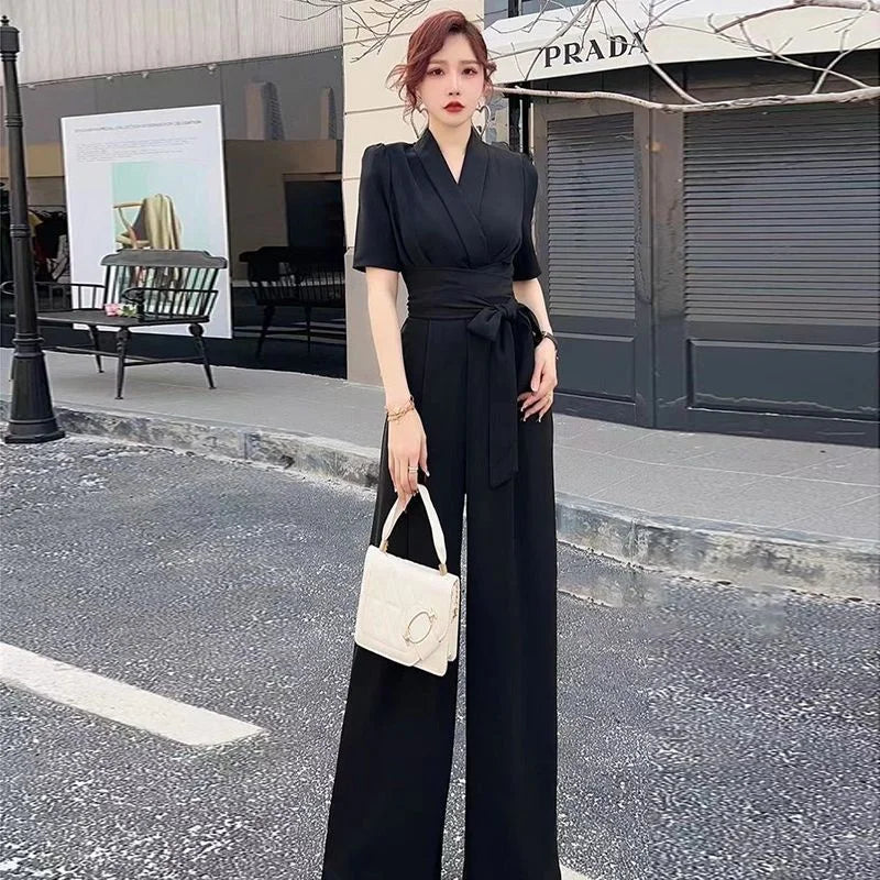 Jumpsuits Summer New High end Jumpsuit Women's Elegant Solid Color High Waist Slim Lace up Wide Leg Dropping Bodysuit Women Sets