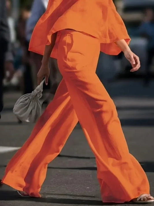 Beautyblue High Waisted Pants Women's Summer Wide Leg Straight Trousers Casual Loose Pockets Orange Elegant Female Office Pants