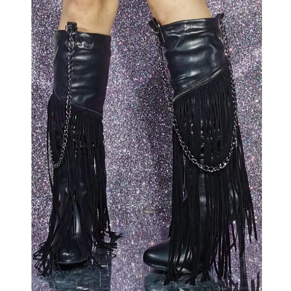 Black Tassel Metal Chain Boots Patchwork Round Toe Shoes for Women Knee High Thin High Heels Sexy Shoes 2025 Zapatos Para Mujere