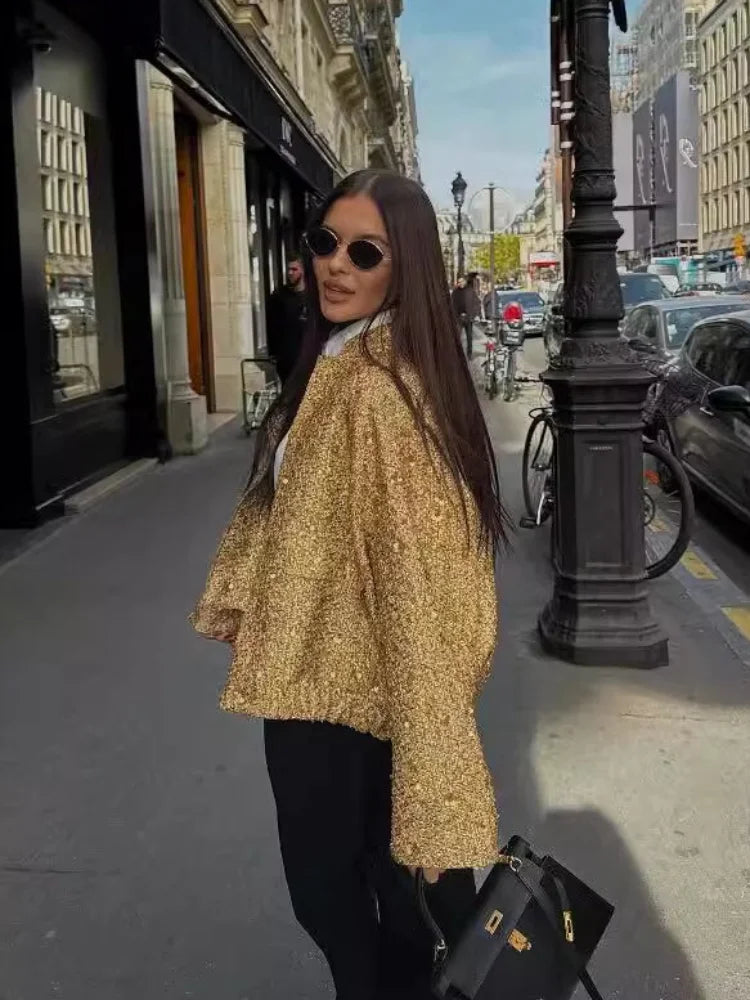 Suninheart Women's Sequined Bomber Jacket Fall O Neck Long Sleeve Pocket Stretch Hem Sequins Jacket Coat Female Chic Outerwear