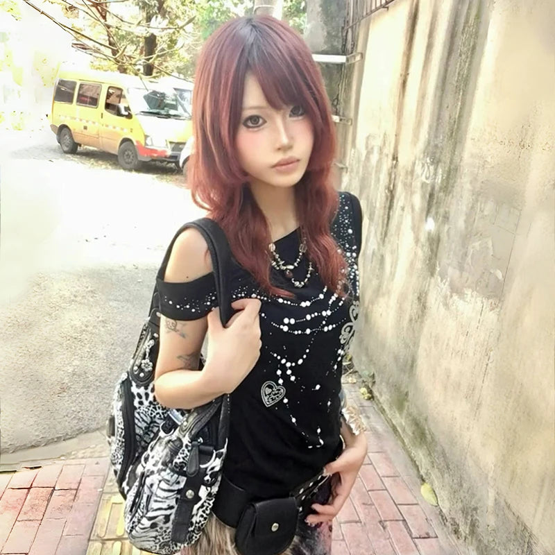 Karrram Japanese Y2k Off Shoulder T-shirt Grunge Aesthetics Rhinestones Print T Shirt Trashy 2000s Style Tops Vintage Harajuku